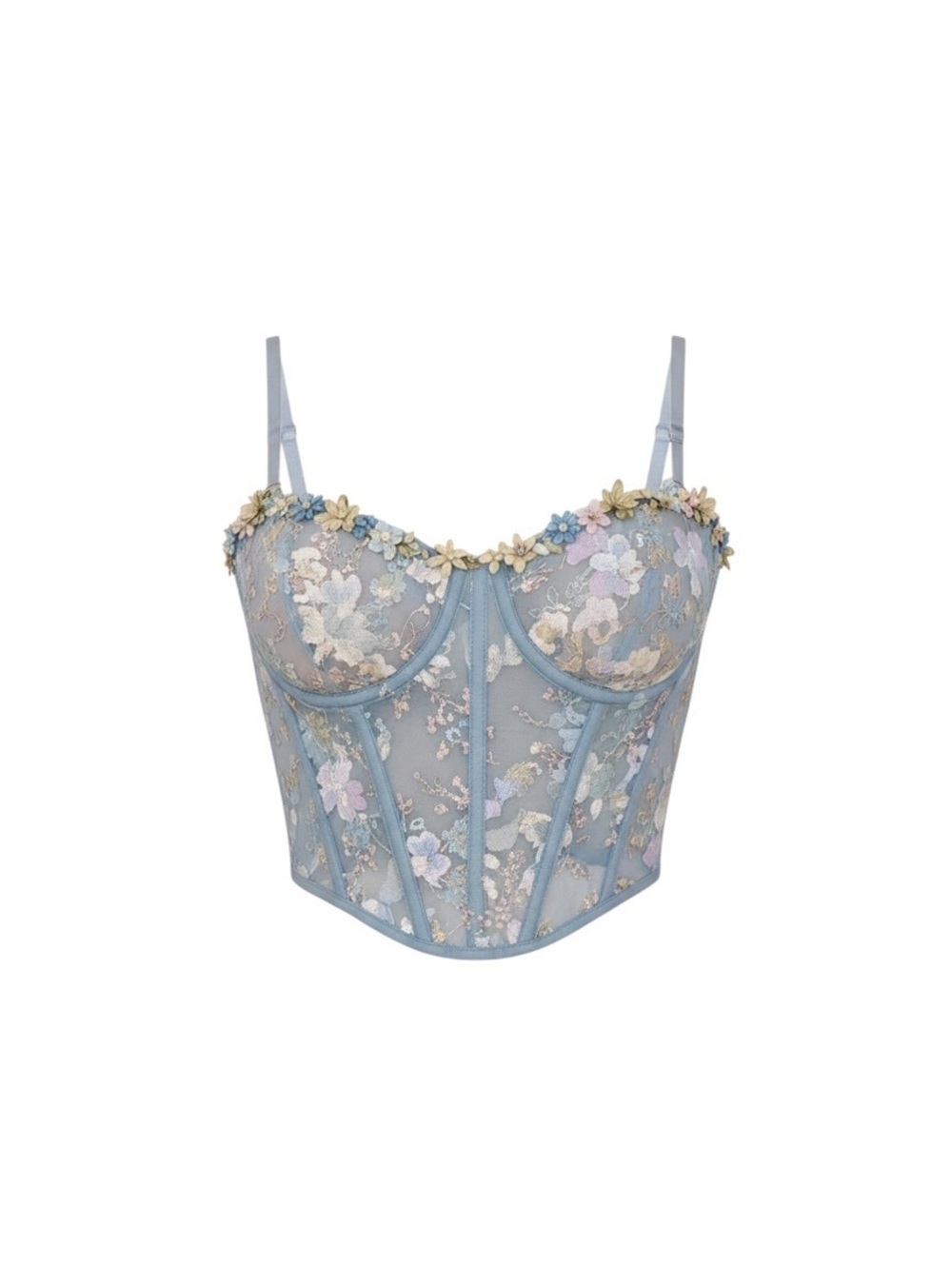Dusty Blue Floral Embroidered Corset Bustier Top